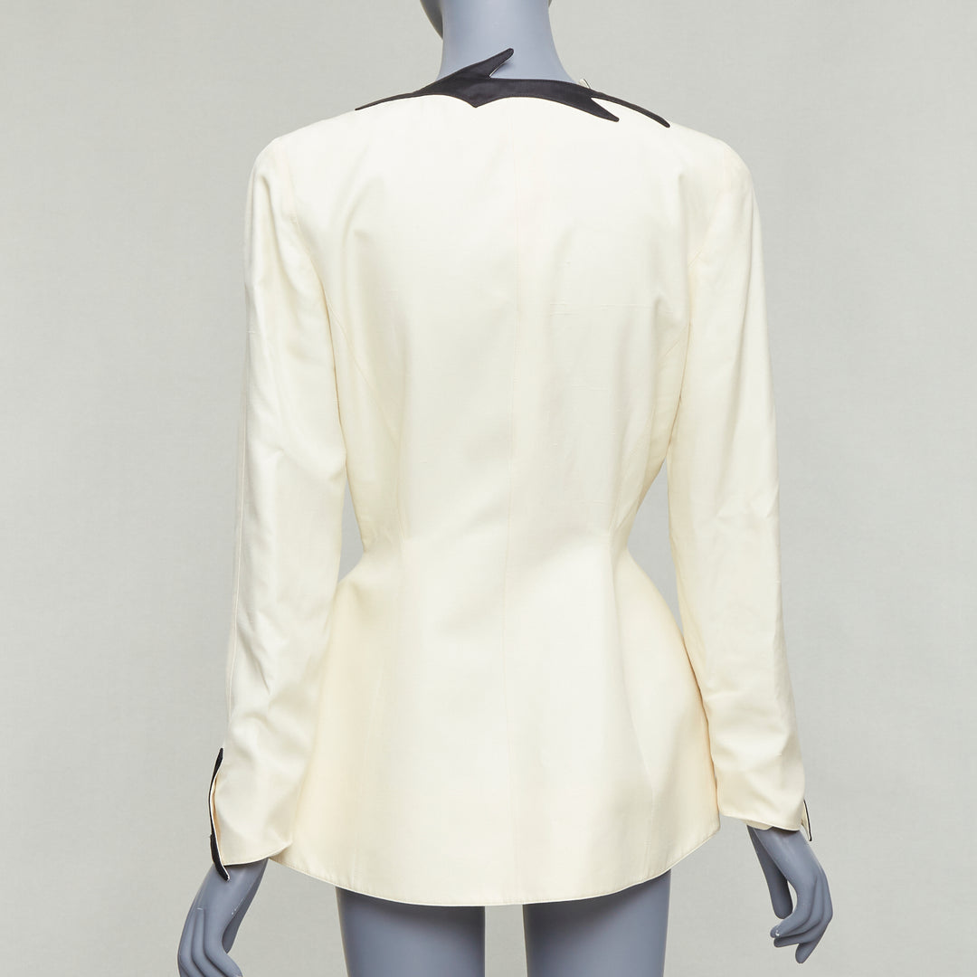 THIERRY MUGLER 1998 Vintage off white cotton border collar peplum blazer FR40 L