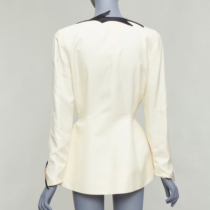 THIERRY MUGLER 1998 Vintage off white cotton border collar peplum blazer FR40 L