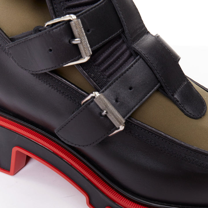 CHRISTIAN LOUBOUTIN Buckle Dune  green nylon leather ridged sole boot EU44