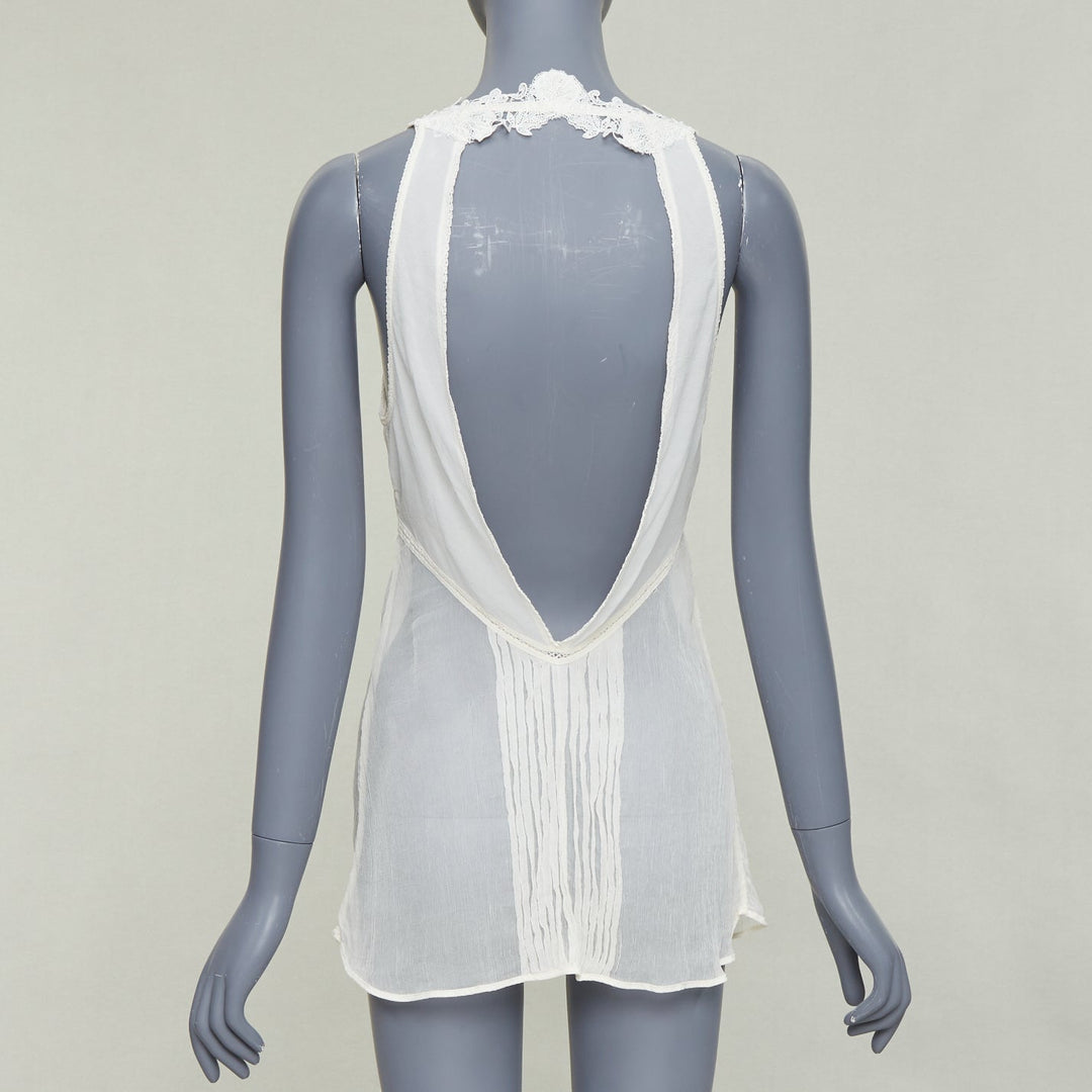 LA PERLA cream silk floral lace trim pleated deep V back cut out tank top Sz1 XS