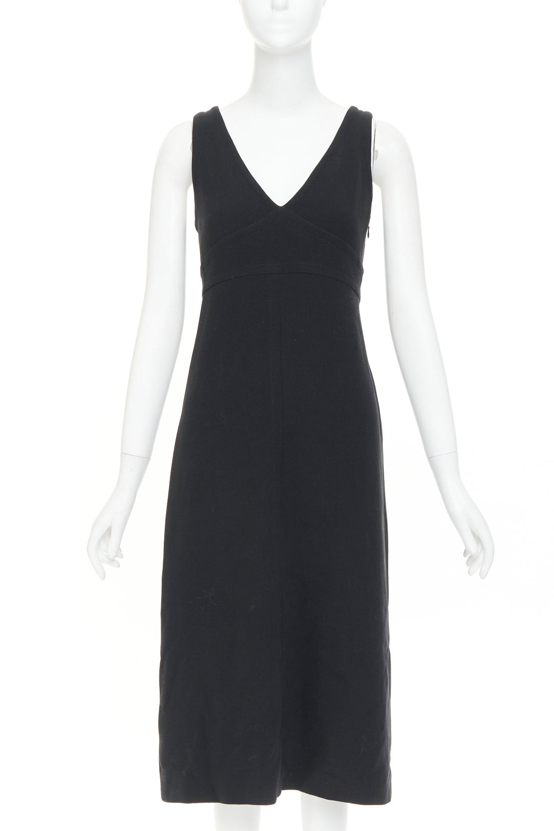 PRADA 1998 Vintage black wool rubber seamed V neck minimal sheath dress IT40 S