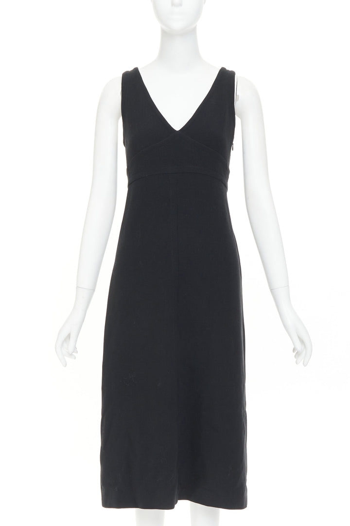 PRADA 1998 Vintage black wool rubber seamed V neck minimal sheath dress IT40 S