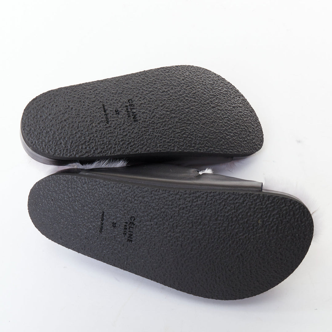 CELINE 2013 Phoebe Philo Runway black leather lilac shearling slide sandals EU37