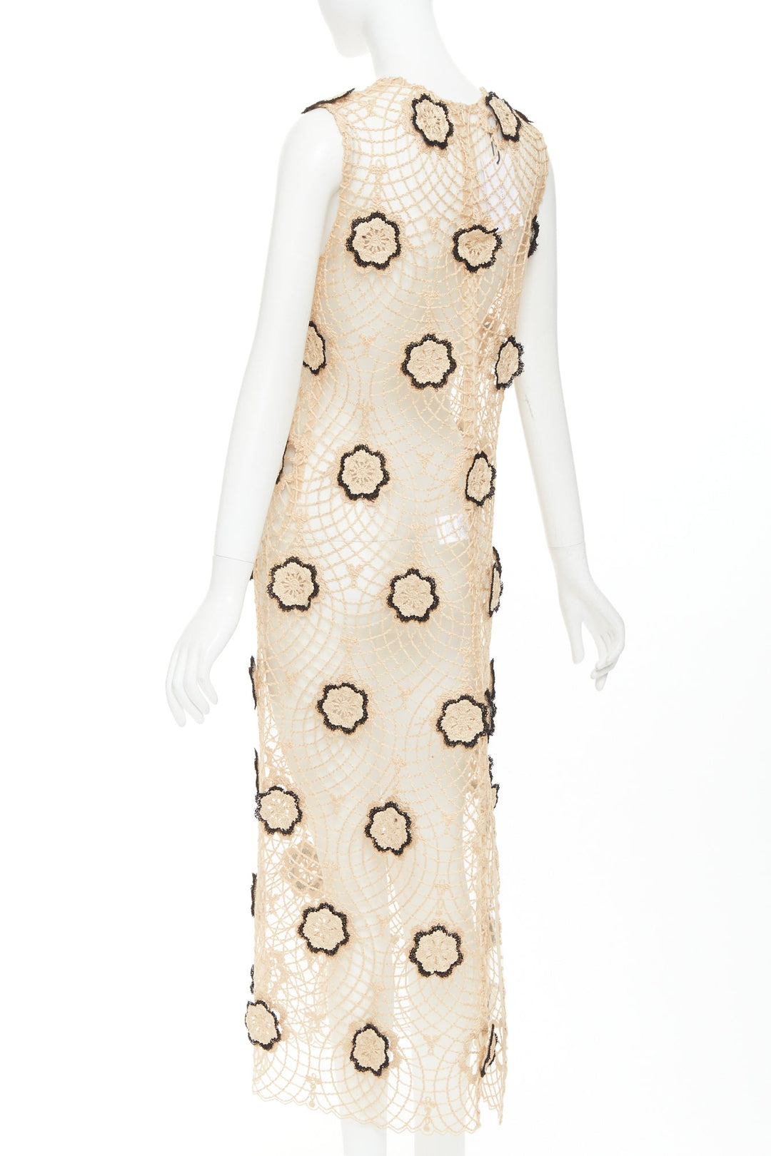 BEAUFILLE Zelle beige black braided jute black floral applique macrame dress L