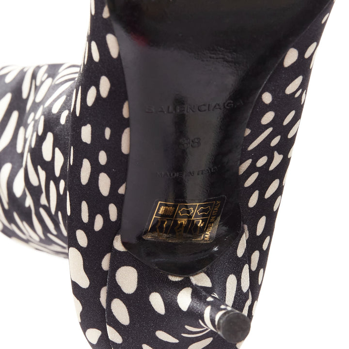 BALENCIAGA Knife black white spotted animal print lycra pointed sock boots EU38