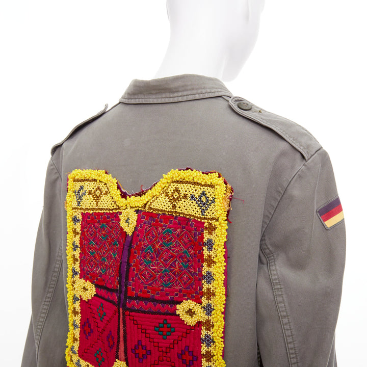 CAMILLA ZILLI embellished back repurposed khaki cotton canvas utility jacket M