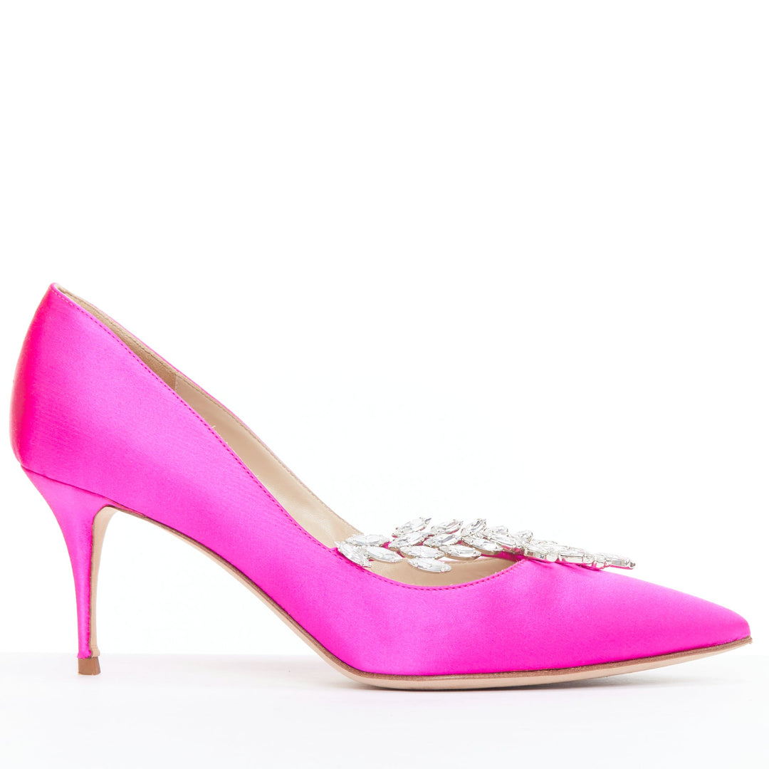 MANOLO BLAHNIK Nadira 75 hot pink satin silver crystal mid pumps EU39