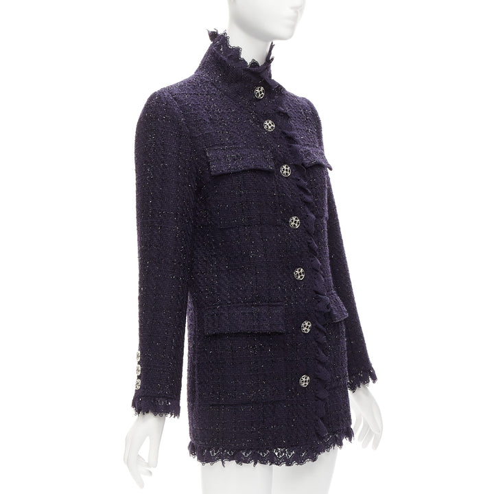 MOISELLE navy blue metallic tweed ruffle 4 pocket long jacket coat FR38 M