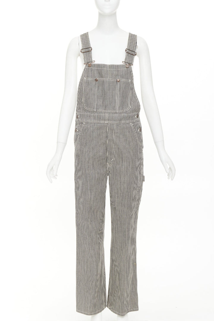 CELINE 2020 Runway Hickory grey striped logo buckles cargo overalls dungaree 28"