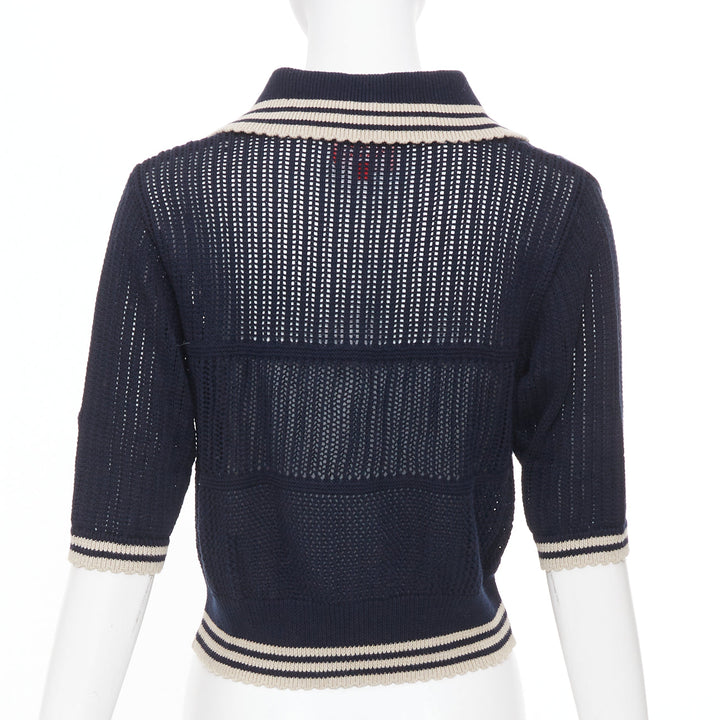 VIVIENNE WESTWOOD navy open stitch cotton linen embroidered orb polo top M