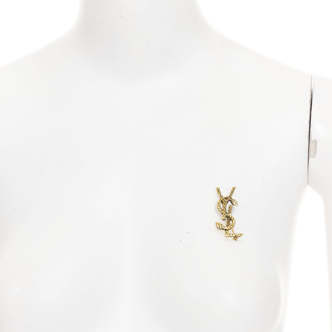 SAINT LAURENT 2022 Cassandre Opyum Snake YSL aged gold textured metal pin brooch