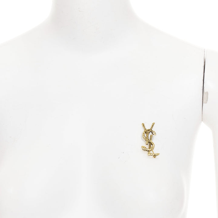 SAINT LAURENT 2022 Cassandre Opyum Snake YSL aged gold textured metal pin brooch
