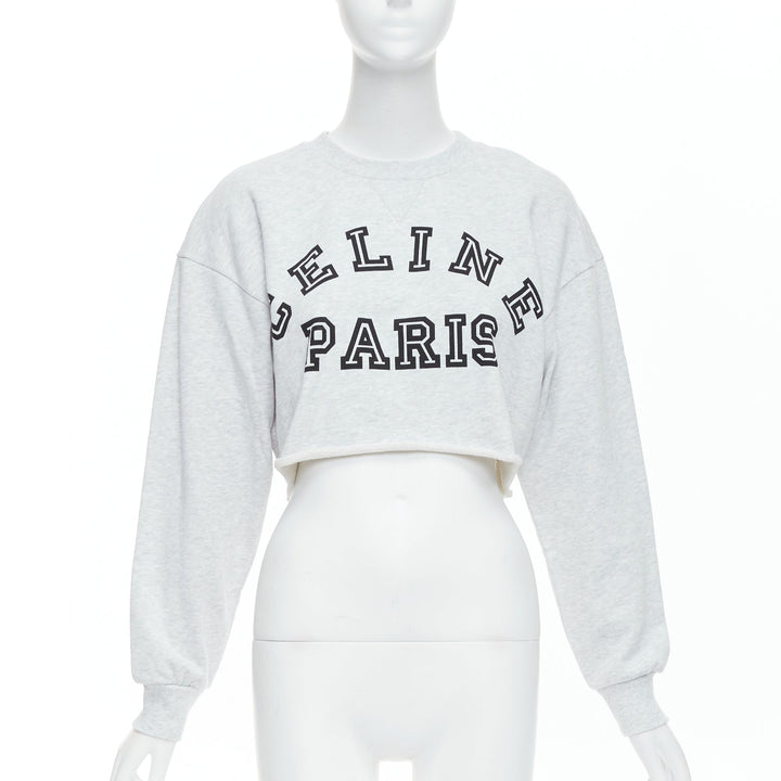 CELINE Runway grey cotton varsity logo cutoff sweatshirt crop top S