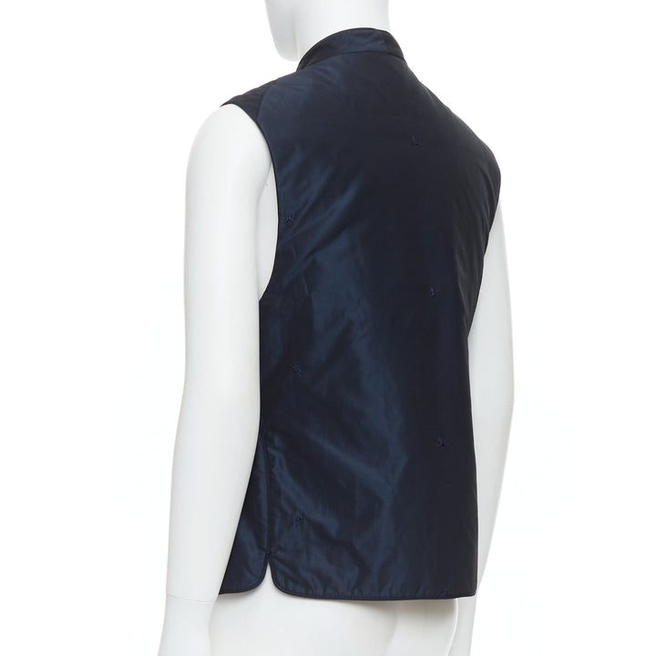 Male mannequin wearing Shiatzy Chen Navy Polyester Men Vest in Size IT46 | Available at JHROP