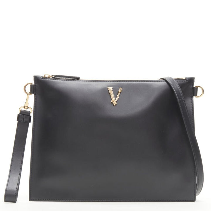 VERSACE gold Virtus Barocco V black leather zip clutch crossbody bag