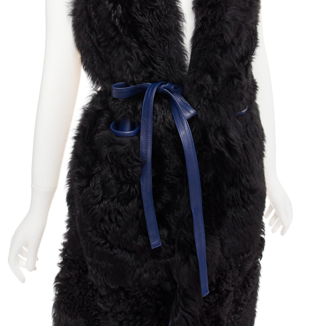 MARNI black lamb shearling fur blue leather belted belt IT38 XS
