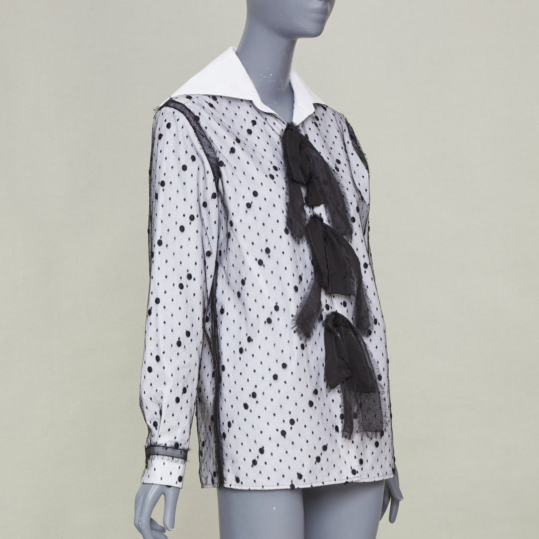 VALENTINO 2021 Point Esprit white black polka dot tulle bow cotton shirt IT38 XS