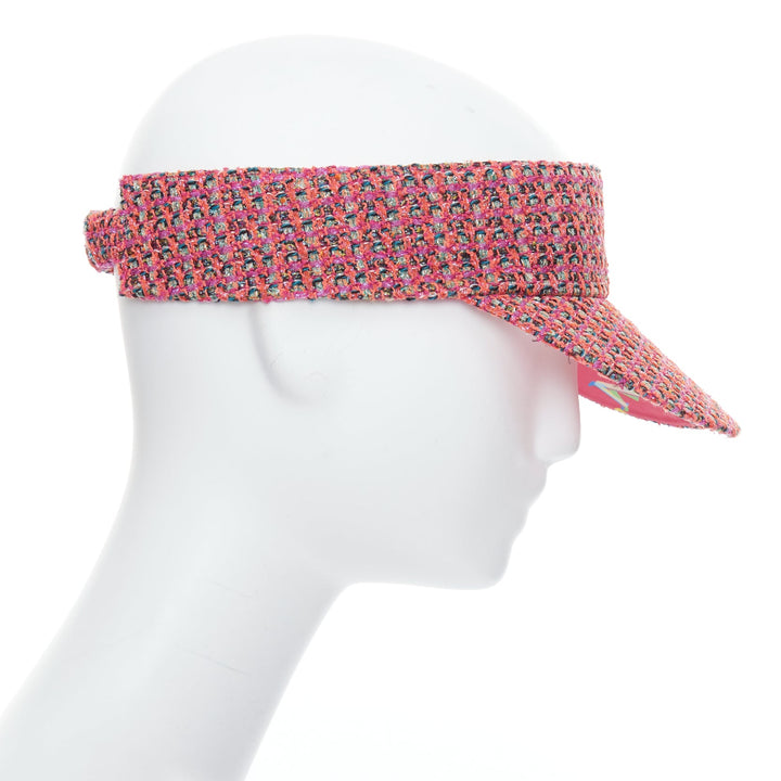 CHANEL pink orange tweed colorful logo lined visor hat