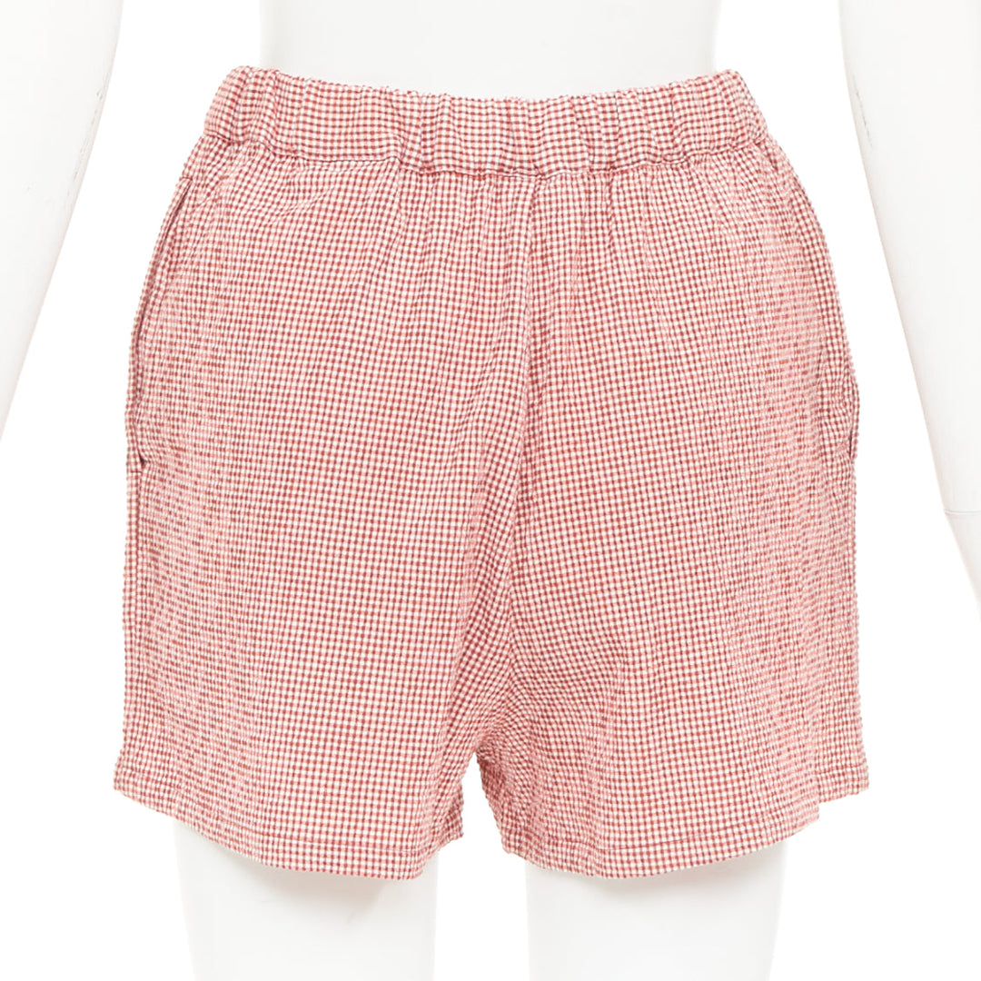 HERMES Sur La Pouce red gingham embroidered pajama shirt shorts set FR34 XS