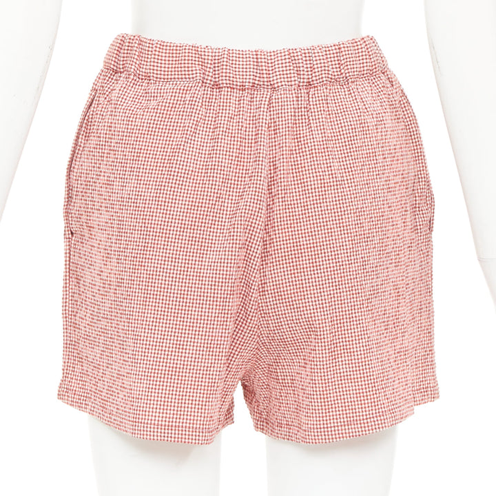 HERMES Sur La Pouce red gingham embroidered pajama shirt shorts set FR34 XS