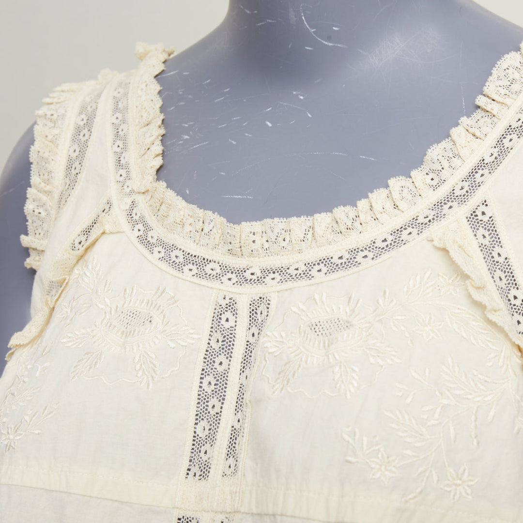 ANNA SUI Vintage cream embroidered floral eyelet lace ruffle peasant top US2 S