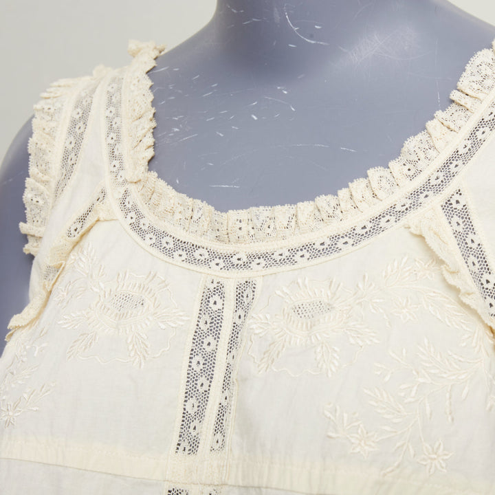 ANNA SUI Vintage cream embroidered floral eyelet lace ruffle peasant top US2 S