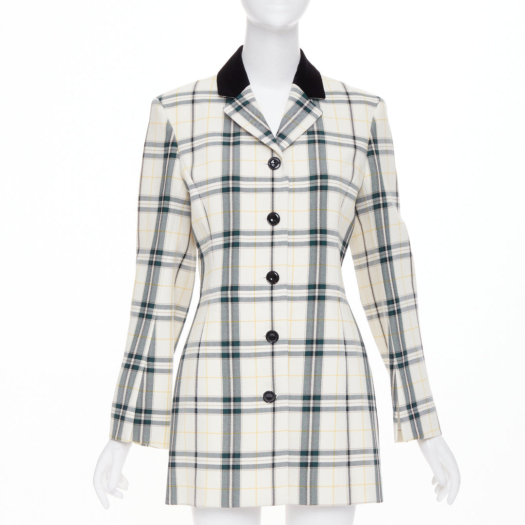 OLIVIER THEYSKENS cream green plaid check velvet collar fitted jacket IT38 XS