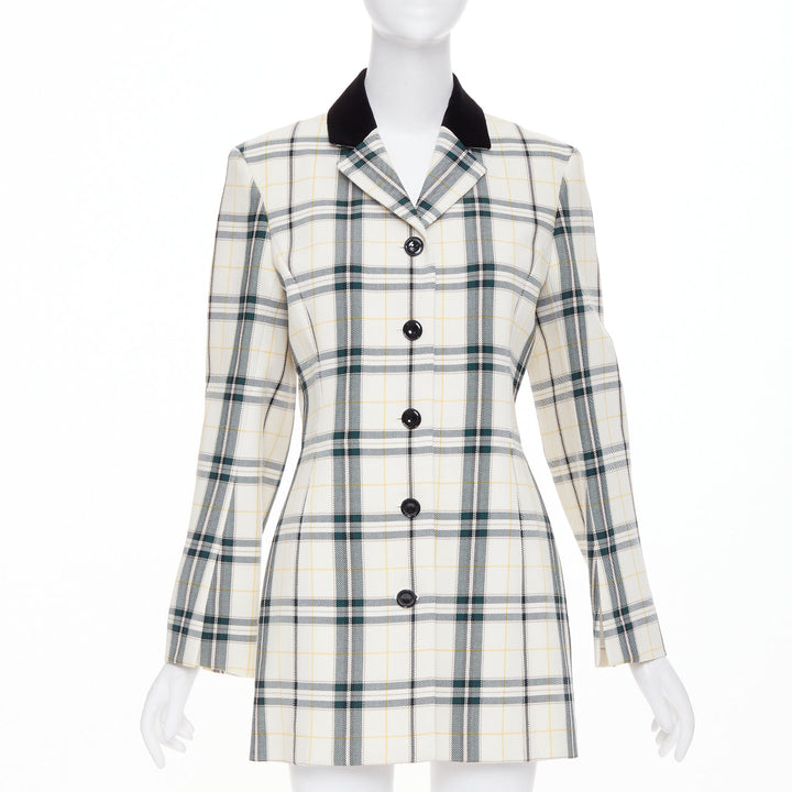 OLIVIER THEYSKENS cream green plaid check velvet collar fitted jacket IT38 XS