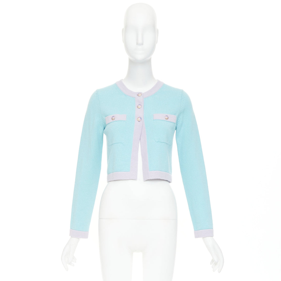 CHANEL 24C 100% cashmere pastel blue contrast trim glitter CC cropped cardigan F