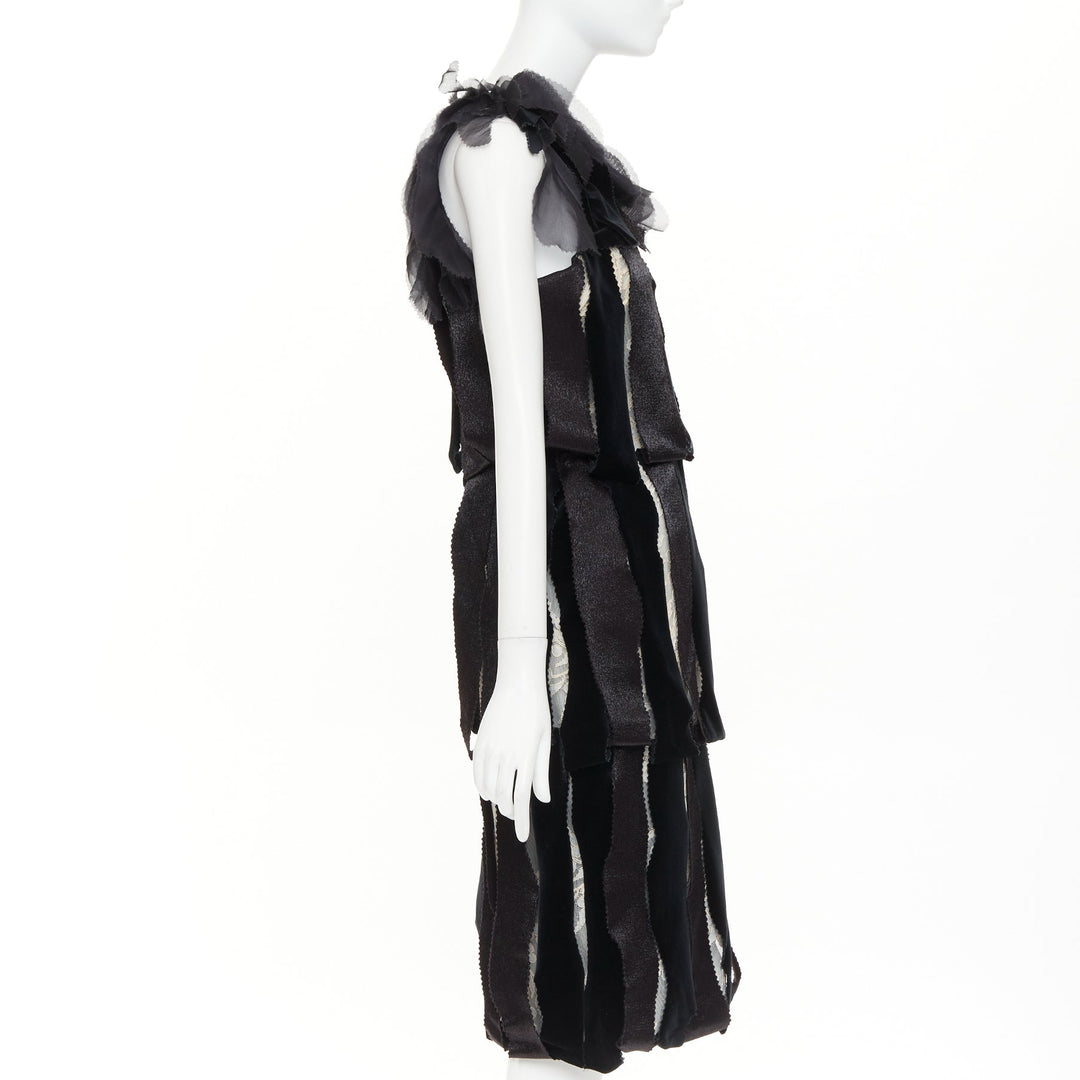 RODARTE 2007 Runway Vintage black velvet ribbon lace layered midi dress UK8 S