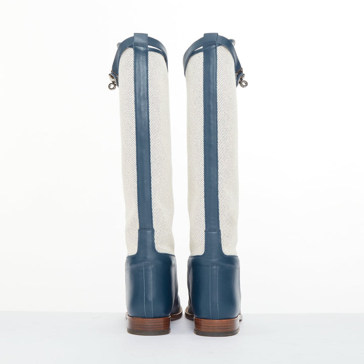 HERMES Jumping beige canvas navy blue leather Kelly buckle riding boots EU37.5