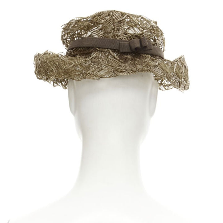 vintage LAURENCE PARIS brown straw raffia woven bow grosgrain boater hat