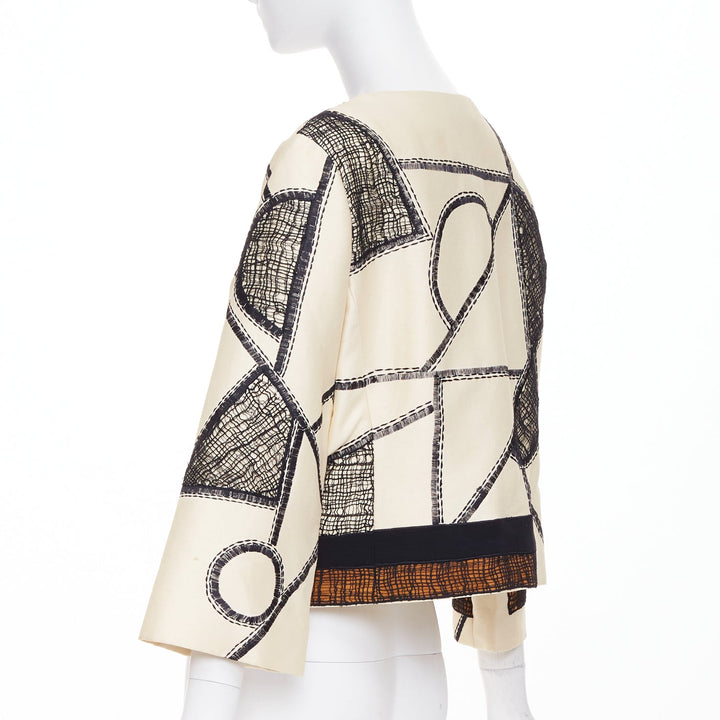 OSCAR DE LA RENTA 2012 beige black abstract mesh overlay cropped jacket US12 2XL