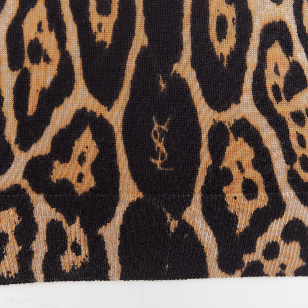 YVES SAINT LAURENT brown cashmere silk leopard logo crew knit sweater top S
