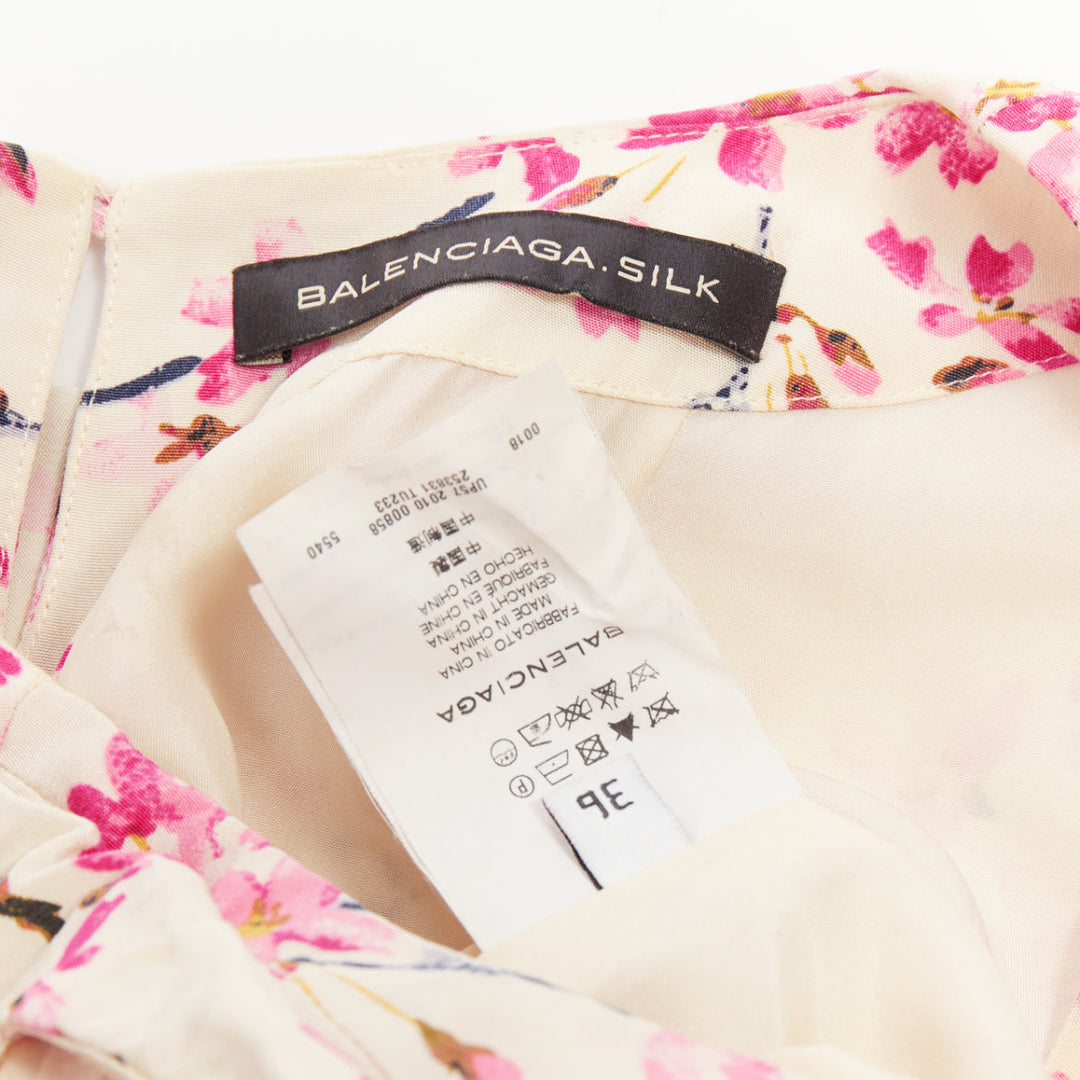BALENCIAGA 2010 beige pink silk plum blossom floral ruched mini dress FR36 S