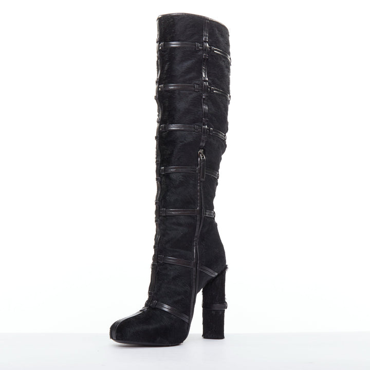 TOM FORD black ponyhair leather cage trim block heeled boots EU36