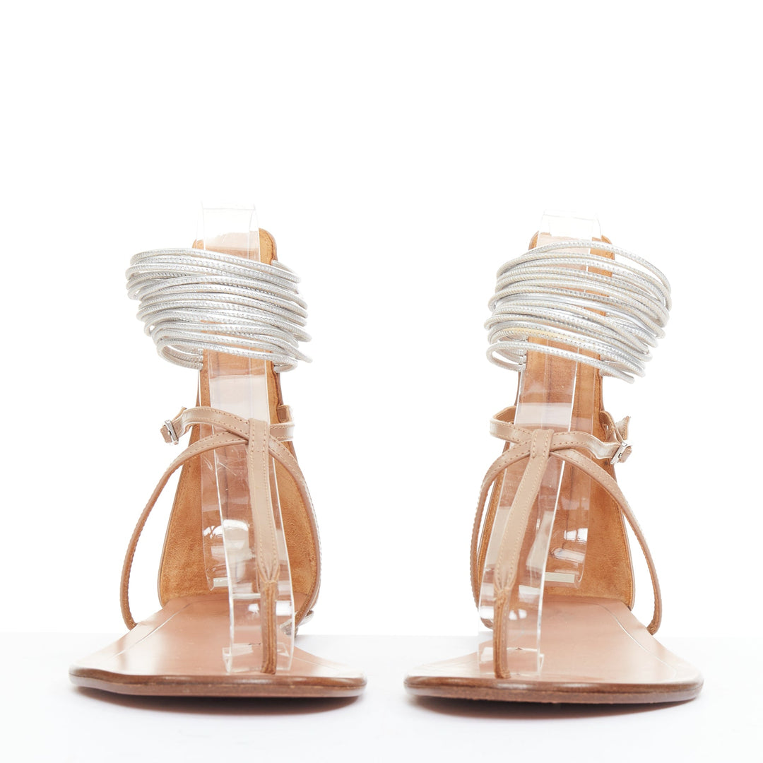AQUAZZURA Spin Me Around silver coil nude leather gladiator flat sandals EU37.5