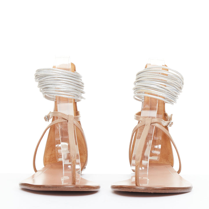AQUAZZURA Spin Me Around silver coil nude leather gladiator flat sandals EU37.5