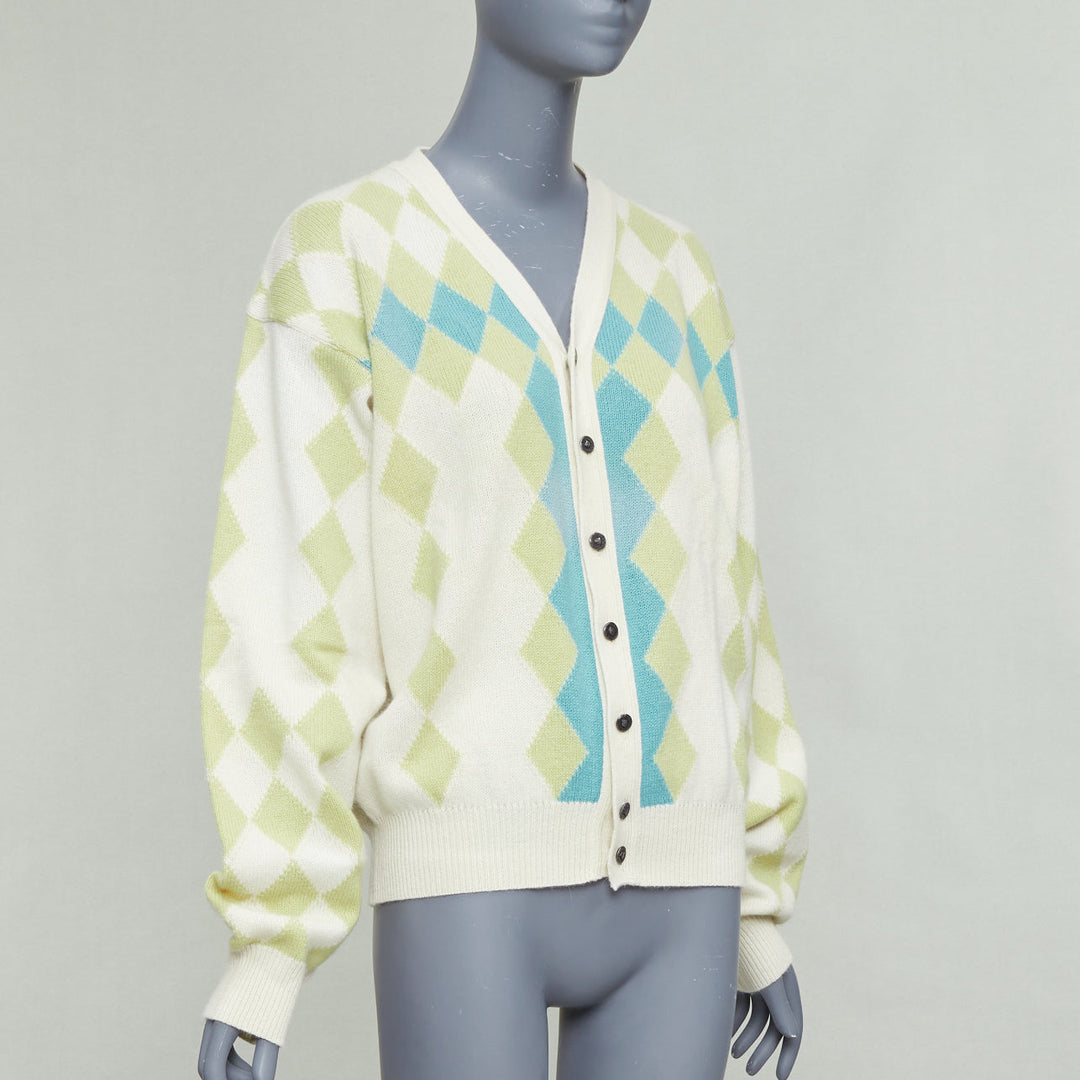 GIANNI VERSACE Vintage yellow green argyle wool cashmere cardigan IT50 L