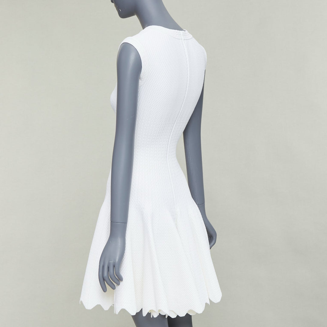 ALAIA cream viscose knit V neck sleeveless scalloped hem fit flare dress FR36 S
