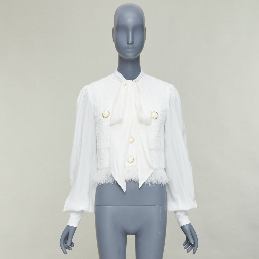 BALMAIN 2024 cream tweed silk sleeves gold lion buttons feather jacket FR36 S