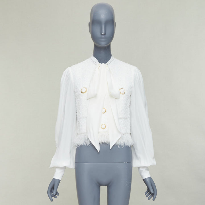 BALMAIN 2024 cream tweed silk sleeves gold lion buttons feather jacket FR36 S