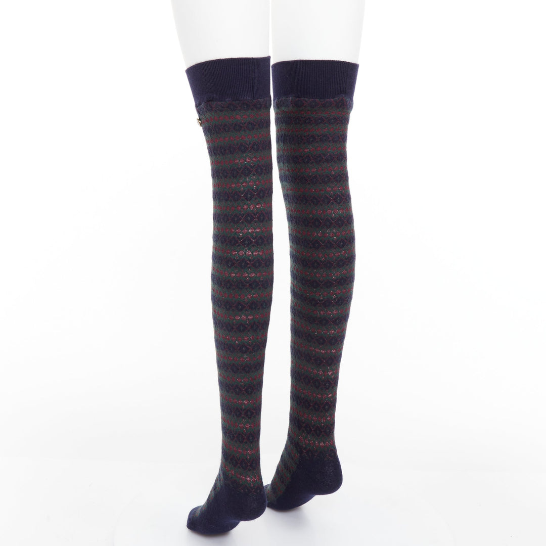 rare CHANEL logo charm navy green red striped cashmere silk thigh high socks M