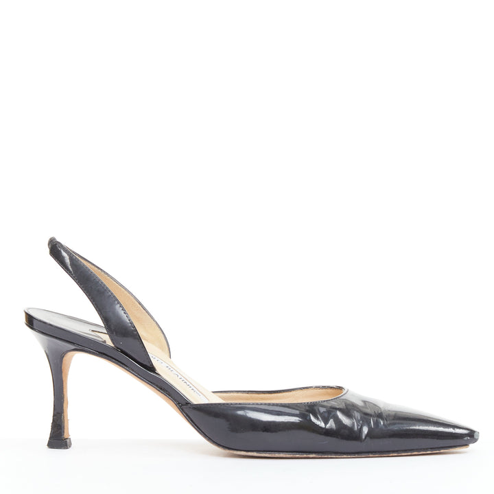 MANOLO BLAHNIK black patent pointed toe slingback dorsay heel EU39