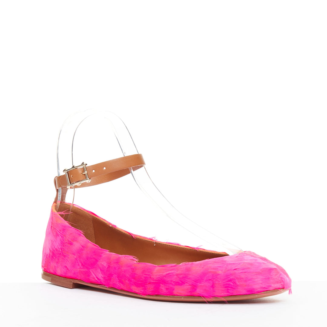 VALENTINO hot fuchsia pink turkey feather leather ankle strap flats EU37