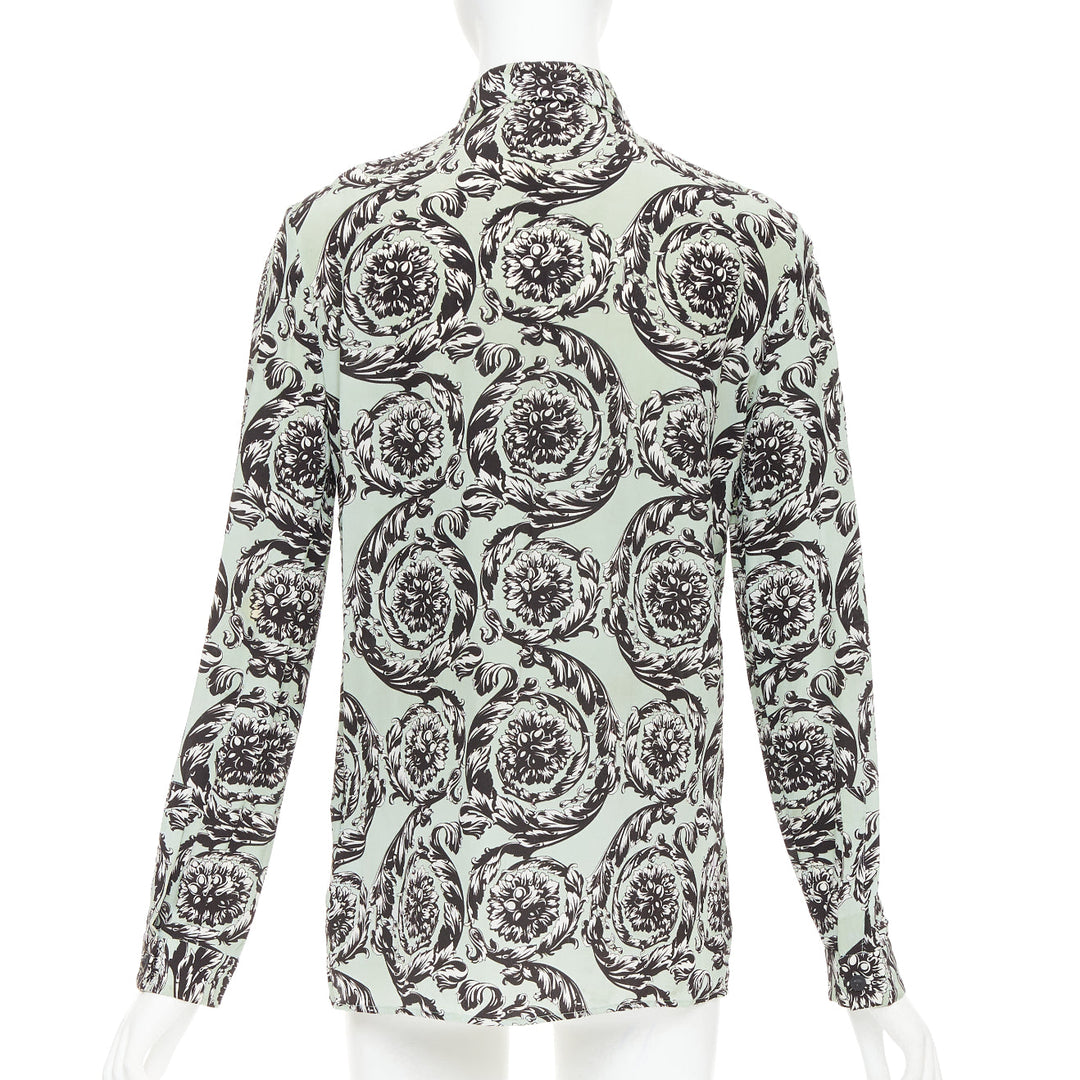 VERSACE 100% silk green black baroque floral print button up shirt IT38 XS