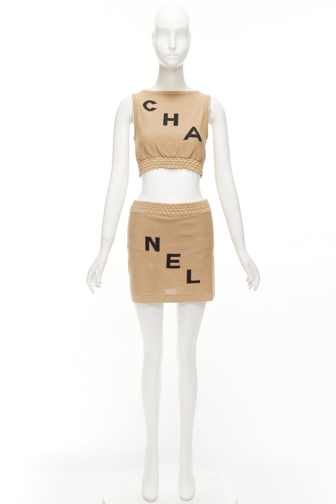 CHANEL 2019 Runway beige viscose paper LOGO crop top skirt set FR34 XS Kylie