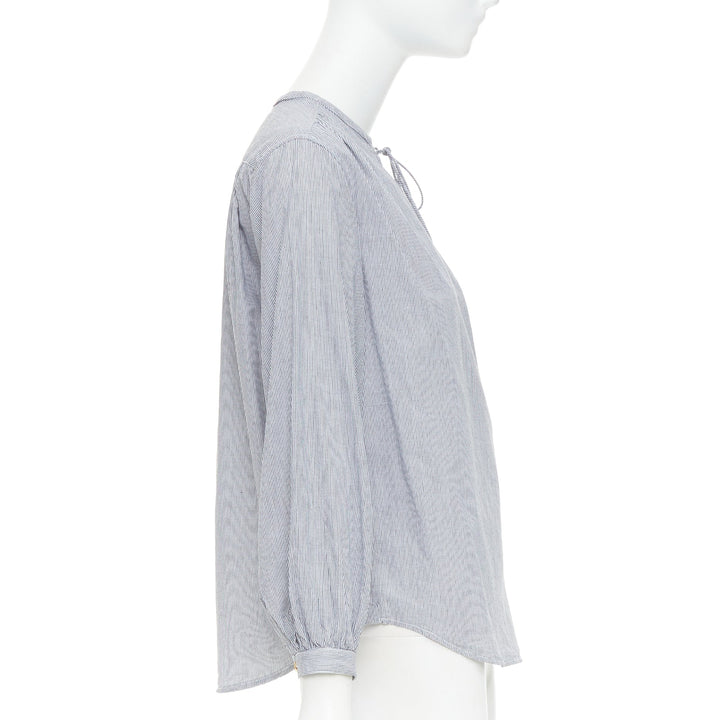 CELINE Romy grey white striped cotton voile lace up front anagram blouse FR36 S