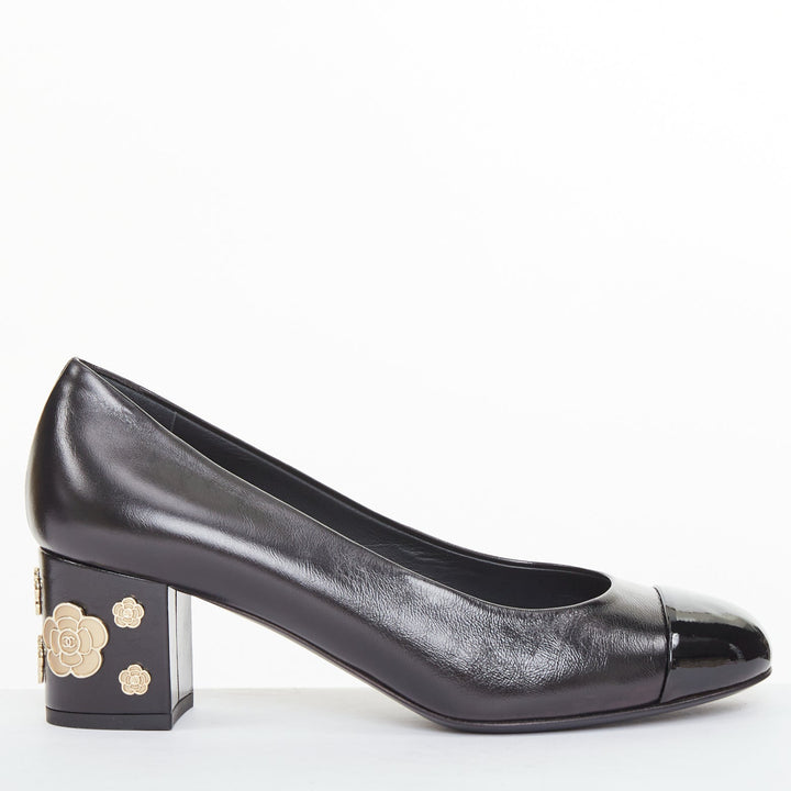 CHANEL 2021 black leather patent cap toe gold camellia block heel pumps EU39C