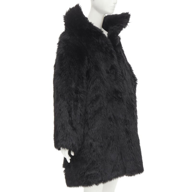 runway BALENCIAGA Demna Runway black faux fur Swing off shoulder coat FR34 XS